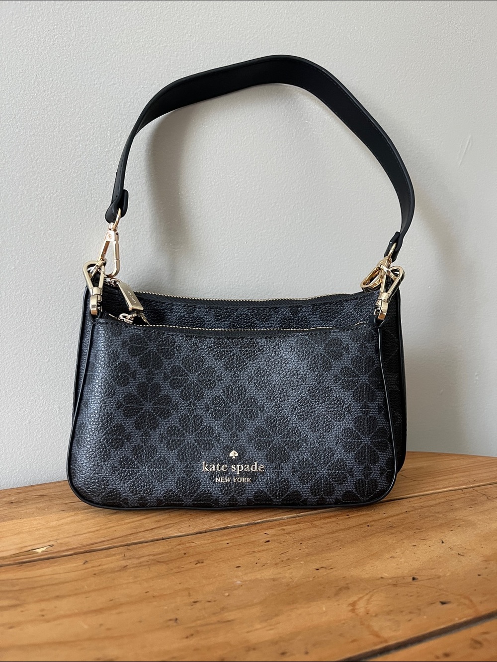 kate spade Black Logo-Print Shoulder Bag with Gold Hardware